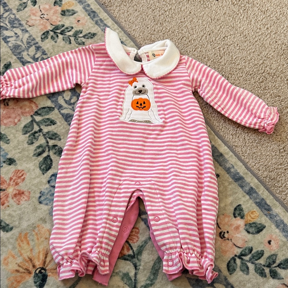 Baby Pink Striped Footie One-Piece with Ghost Pumpkin Applique - Brand Unknown